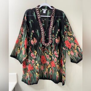 Silhouettes Sheer Floral Blouse Beaded Neck Tunic Top Boho 2X
